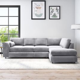 DELANO Plush Velvet Large 5 Seater L Shaped Fullback Corner Sofa - Light Grey