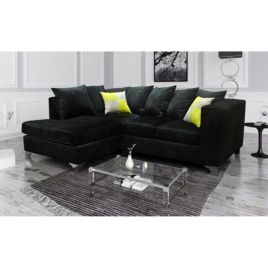 AURELO Plush Velvet 4 Seater L Shaped - Left Hand Facing Corner Sofa - Black