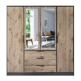 BELLVYN 4 Door Mirrored Wardrobe with 3 Drawers Black with Oak - 196cm