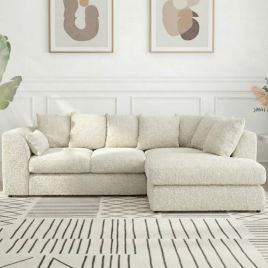 BELVANO Boucle Fabric 4 Seater L Shaped Scatterback Corner Sofa - Ivory, Right Hand Facing