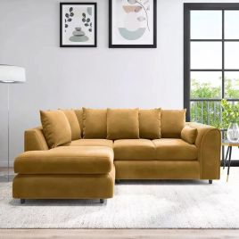 DELANO Plush Velvet 4 Seater L Shaped Scatterback Corner Sofa - Mustard