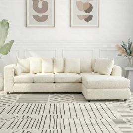 BELVANO Boucle Fabric Large 5 Seater L Shaped Scatterback Corner Sofa - Ivory, Right Hand Facing