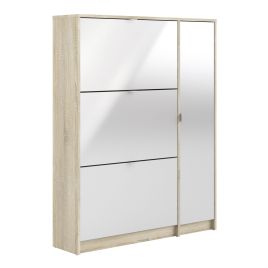 Shoe cabinet w. 3 tilting doors and 2 layers +  1 door - Oak structure White high gloss