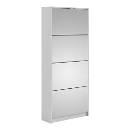 Shoe cabinet w. 4 mirror tilting doors and 2 layers - White