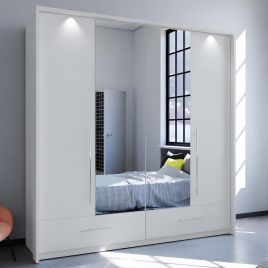 LINDSEY 2 Door Mirrored Wardrobe with 2 Drawers White - 209cm