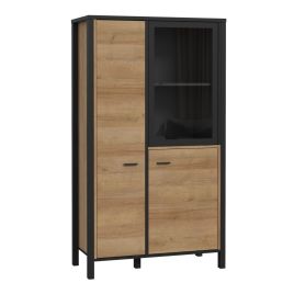 Broxtowe Matt Black Metal Frame Small Display Cabinet with 2 Door and Open Shelves - Riviera Oak