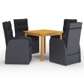5 Piece Garden Dining Set with Cushions Black Poly Rattan
