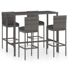 5 Piece Garden Bar Set with Cushions Poly Rattan Grey