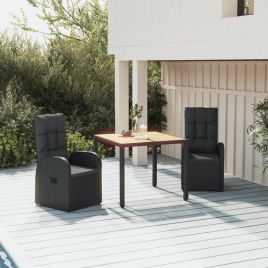 3 Pcs Garden Dining Set Black Poly Rattan and Solid Wood Acacia