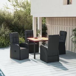 5 Pcs Garden Dining Set Black Poly Rattan and Solid Wood Acacia