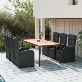 7 Pcs Garden Dining Set Black Poly Rattan and Solid Wood Acacia