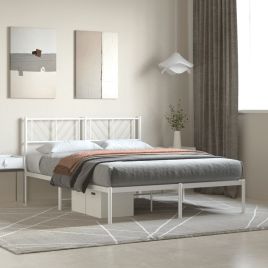Metal Bed Frame with Headboard White 135x190 cm Double