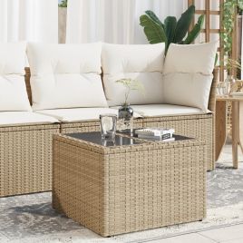 Garden Table with Glass Top Beige 55x55x37 cm Poly Rattan