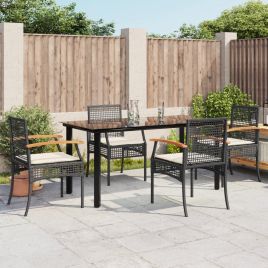 5 Piece Garden Dining Set with Cushions Black Poly Rattan