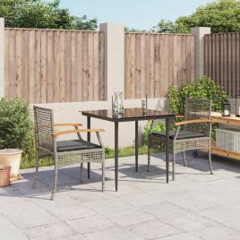 3 Piece Garden Dining Set with Cushions Grey Poly Rattan