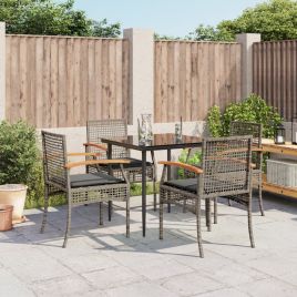5 Piece Garden Dining Set with Cushions Grey Poly Rattan