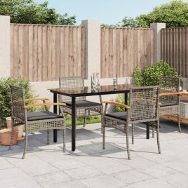5 Piece Garden Dining Set with Cushions Grey Poly Rattan