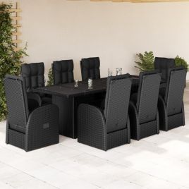 CLOFT 9 Piece Garden Dining Set with Cushions Poly Rattan - Black