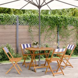 5 Piece Garden Dining Set Blue and White Fabric and Solid Wood