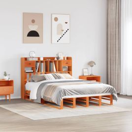 Bookcase Bed Wax Brown 150x200cm King Size Solid Wood Pine