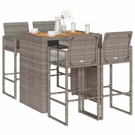 5 Piece Garden Bar Set without Cushions Grey Poly Rattan Acacia