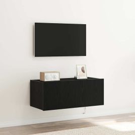 TV Wall Cabinet with LED Lights Black Oak 80x35x31 cm