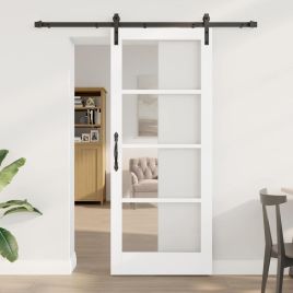 Sliding Door with Hardware Set 'ORKDAL'White Solid Wood&Glass