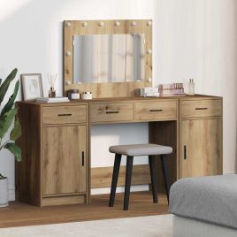 3 Piece Dressing Table Set with LED Artisan Oak Engineered Wood