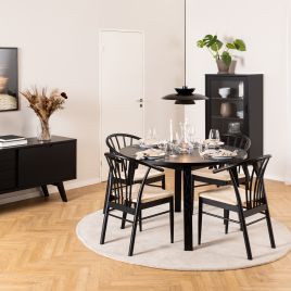 MONTA Round Extending Dining Table in Black Included 4 Dining Chair with Armrest in Black