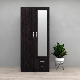 ROWASA 2 Door Mirrored Wardrobe with 2 Drawers Black - 90cm