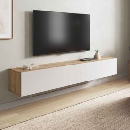 Salvadoris Nordic Oak Effect And White Wall Mounted Floating Wide Large TV Unit - Oak