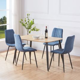 NEXO Rectangular Dining Table with 4 Straight Stitch Fabric Chairs - Light Oak with Blue
