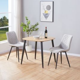 NEXO Square Dining Table with 2 Cord Diamond Stitch Fabric Chairs - Light Oak with Light Grey