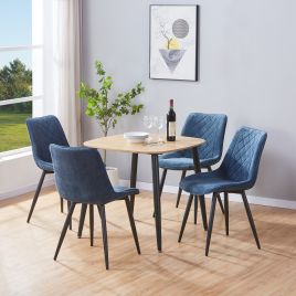 NEXO Square Dining Table with 4 Diamond Stitch Fabric Chairs - Light Oak with Blue