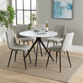 NEXO Round Dining Table with 4 Straight Stitch Fabric Chairs - White with Light Grey