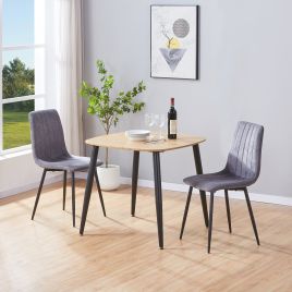 NEXO Square Dining Table with 2 Straight Stitch Fabric Chairs - Light Oak with Grey