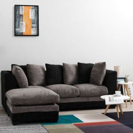 ARUBA Chenille Fabric 4 Seater L Shaped - Left Hand Facing Corner Sofa - Black and Grey