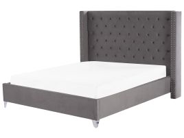 Slatted Bed Frame Grey Velvet Upholstered Tufted Headrest Nailhead Trim 6ft EU Super King Size Glam Design 