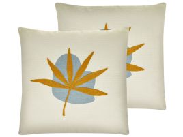 Set of 2 Embroidered Cushions Leaf Motif 45x45cm Orange