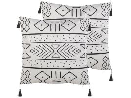 Set of 2 Velvet Cushions Geometric Pattern 45x45cm White and Black
