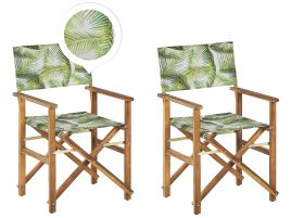 Set of 2 Acacia Folding Chairs and 2 Replacement Fabrics Light Wood with Grey / Tropical Leaves Pattern CINE