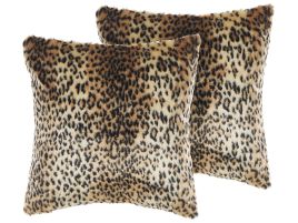 Set of 2 Faux Fur Cushions Leopard Print 45x45cm Brown