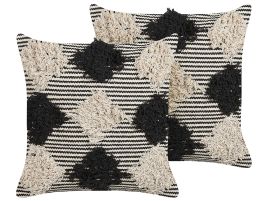 Set of 2 Tufted Cotton Cushions Geometric Pattern 50x50cm Beige and Black