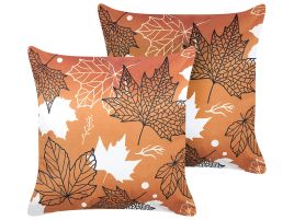Set of 2 Velvet Cushions Leaf Pattern 45x45cm Orange