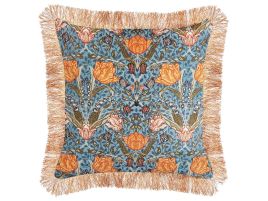 Velvet Fringed Cushion with Flower Pattern 45x45cm Blue and Orange