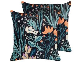 Set of 2 Velvet Cushions with Flower Pattern 45x45cm Black and Green