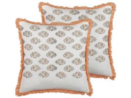 Set of 2 Fringed Cotton Cushions Floral Pattern 45x45cm White and Orange