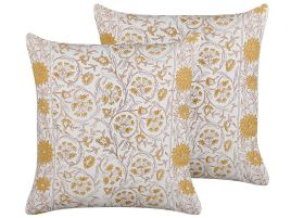 Set of 2 Cotton Cushions Floral Pattern 45x45cm White and Yellow