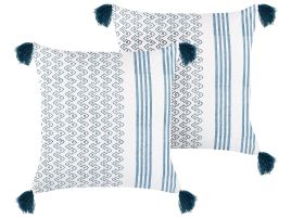 Set of 2 Cotton Cushions Geometric Pattern with Tassels 45x45cm White and Dark Blue