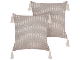 Set of 2 Cushions Geometric Pattern with Tassels 42x42cm Taupe